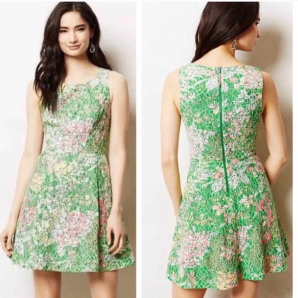 Maeve Green Floral Lace Fit-and-Flare Dress